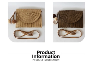Detail of straw woven clutch bags with pom-pom charms in light beige and dark brown colors