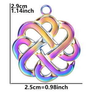 Rainbow stainless steel Celtic witch knot pendant with detailed size measurements
