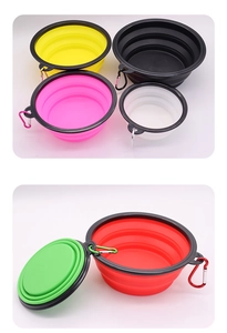 Collapsible silicone pet bowls in various colors with carabiners for outdoor travel