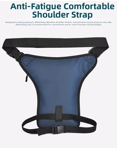 Detail of waterproof blue drop leg bag featuring quick-release buckle and reinforced stitching