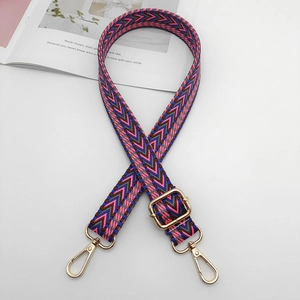Pink and blue V-pattern woven shoulder strap with gold metal buckles and adjustable clips