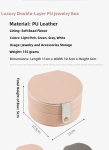 Detail view of pink PU leather jewelry box with bead velvet lining and dimensions