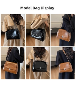 Classic glossy leather shoulder bag with silver chain strap shown in various model views