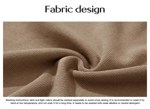 Detail view of camel ribbed knit fabric showing soft texture and washing instructions