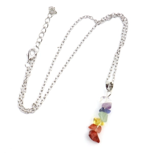 Handmade 7 chakras raw healing crystals pendant necklace with silver metal O-link chain