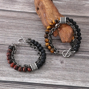 Retro double-layer men's bracelet with tiger eye beads and stainless steel chain