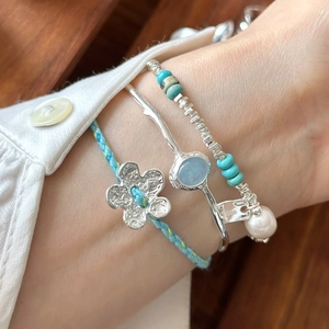 925 Sterling Silver Bracelet Bangle With Blue Turquoise Artificial Pearl Beads And Woven Rope Flower Charm For Women Simple Sweet