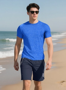 Detail of blue textured cotton Henley T-shirt with side zipper and GUTZ logo on shorts