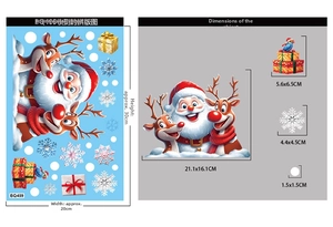 Detailed size chart for Christmas window stickers featuring Santa and snowflake motifs
