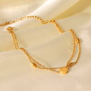 Layered Heart Pendant Anklet Stainless Steel 18K Gold Plated Oval Bead Chain Trendy Foot Jewelry For Women