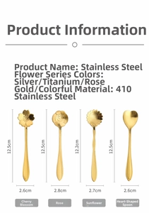 Detailed size specifications of flower-shaped stainless steel coffee spoons in gold finish