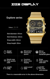 Technical drawing showing dimensions and features of the square dual display sports watch
