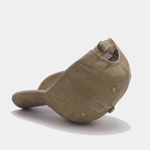 Detail view of washed canvas outdoor baseball cap with adjustable metal buckle back