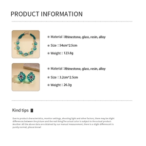 Detailed product information card showing resin flower necklace and earring set specs