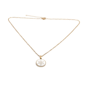 Titanium steel necklace with a gold flower pattern on a white shell circular pendant