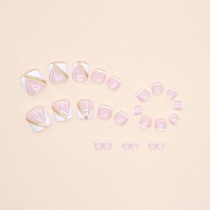 White French press-on toe nails with gold glitter and elegant pink accents, 24-piece set