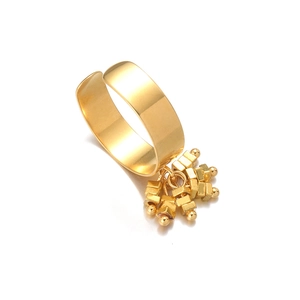 Golden stainless steel wide ring featuring geometric square and round bead charms