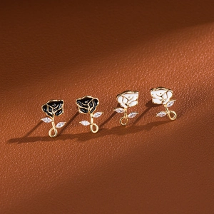 Elegant S925 silver rose flower earrings in black and white with zircon leaves