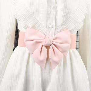 Pink elastic wide cinch belt featuring a large double-layer bow for women's dresses