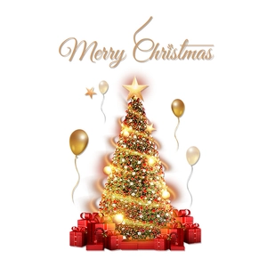 Golden Christmas tree with red gift boxes and balloons window stickers holiday wall decals