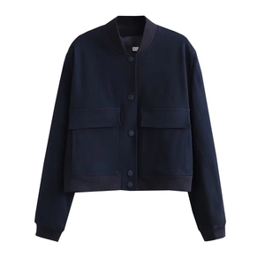 Flat lay of navy bomber jacket featuring large utility pockets and ribbed cuffs detail