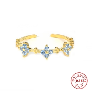 Minimalist S925 sterling silver open ring with gold plating and blue zircon floral pattern