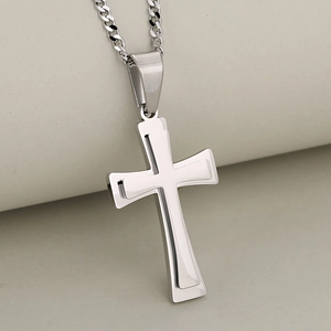 Polished silver double-layer stainless steel cross pendant necklace on a metal chain
