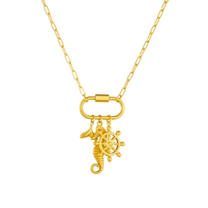 Gold ocean themed necklace with seahorse, whale tail, and helm charms on paperclip chain