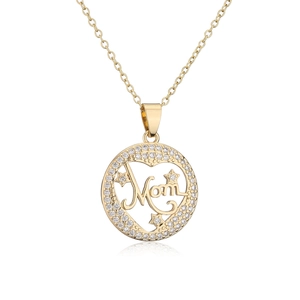 Macro shot of 18K gold plated MOM pendant necklace with sparkling cubic zirconia pavé