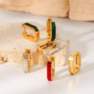 U-shaped gold stainless steel earrings set with green, red, and white zircon stones