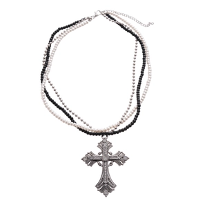 Three-layer vintage necklace with black and white pearls and a silver diamond cross pendant