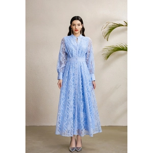 Robe Longue Dentelle Brodée Bleu Ciel Élégante Pour Femmes Manches Lanternes Boutonnée Col En V Ligne A