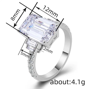 Elegant square cut zircon engagement ring in silver metal with detailed dimensions and weight