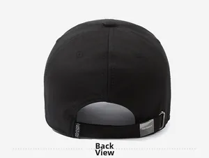 Detail view of cotton baseball cap back with adjustable metal buckle and brand tag