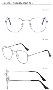 Detail view showing front, 45-degree, and side angles of silver metal irregular glasses