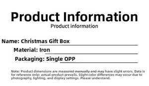 Specifications of iron Christmas gift boxes showing material and packaging details