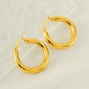Chic 18K gold plated thick hollow hoop earrings for women with high-polished metal finish
