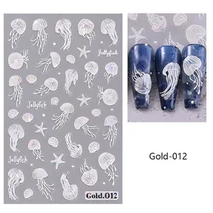 Macro view of 3D embossed ocean nail stickers with white jellyfish and shell textures