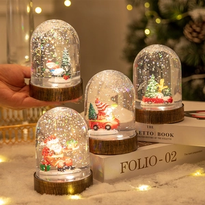 Christmas Snow Globe LED Night Light Desktop Ornament Santa Snowman Car Liquid Glitter Wood Grain Base Holiday Decor