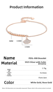 Detailed specs of FDSL-008 S925 silver ginkgo leaf bracelet with cubic zirconia