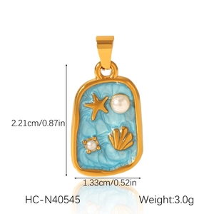 Blue enamel rectangle ocean pendant with starfish and pearl detail including dimensions