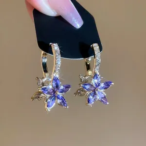 Flower Huggie Hoop Earrings Gold Alloy Purple Marquise Rhinestones With 925 Sterling Silver Earring Post Korean Style