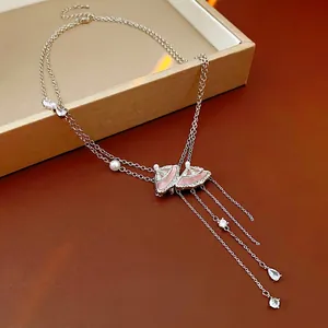 Luxury fan-shaped zircon necklace with pink acetate pendant and pearl tassels