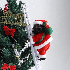 Electric climbing Santa Claus on white ladder with Merry Christmas sign holiday decor