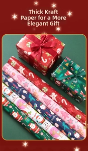 Close-up of thick kraft Christmas wrapping paper featuring Santa and reindeer patterns