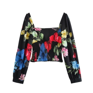 Floral print square neck crop top with long puff sleeves and smocked elastic waist