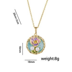 Baroque enamel flower pendant necklace with purple petals and freshwater pearls