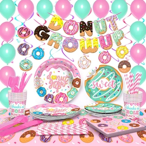 Vaisselle de Fête Thème Beignet Rose Donut Grow Up Décoration d'Anniversaire Assiettes en Papier Gobelets Serviettes Nappe Bannière