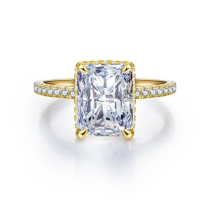 Radiant cut zircon ring in 925 sterling silver with pave setting gold finish