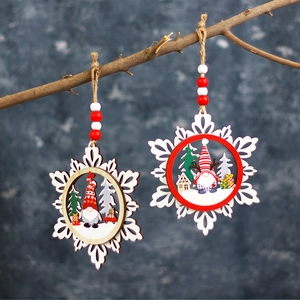 Three-layer wooden snowflake gnome ornaments with Christmas tree and gift box details